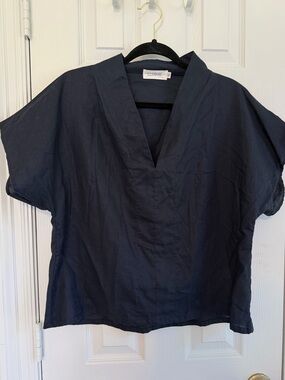 LUXMII Linen Top XL Navy Blue V Neck Oversized Minimalist European Linen Blouse